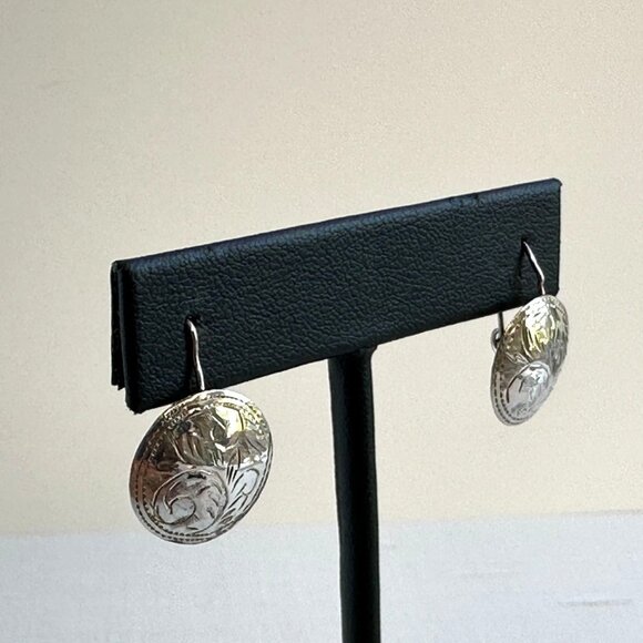 Sterling Silver Engraved Disc Earrings With Leaf Design 1" Drop Pierced Ears - Picture 3 of 9